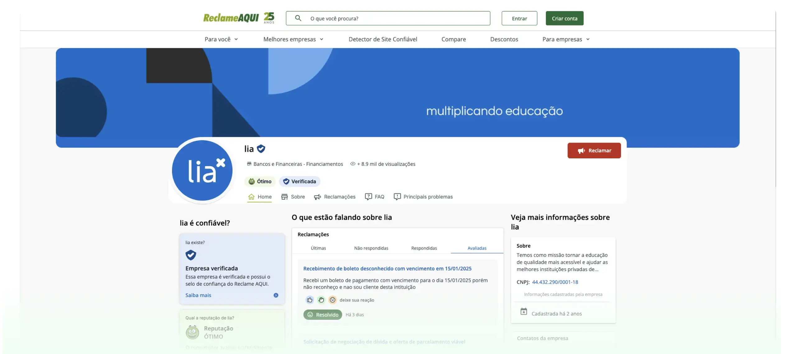 Screenshot do Reclame Aqui com a nota máxima de atendimento