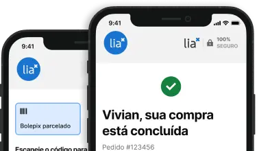 Mockup de dois celulares exibindo parcialmente as telas de seleção de meio de pagamento e compra realizada com sucesso na plataforma da Lia