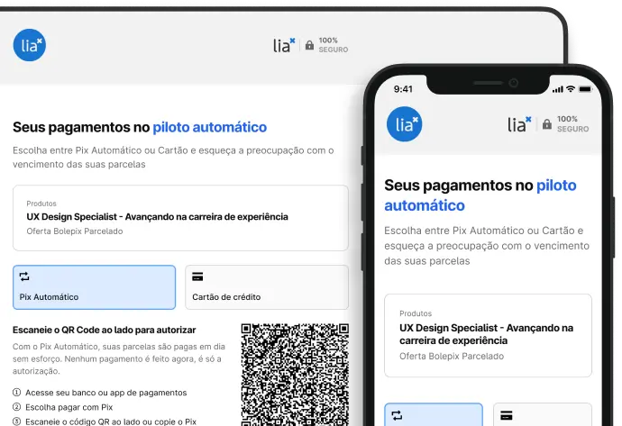 Mockups de notebook e celular exibindo a página de seleção de meio de pagamento da plataforma Lia