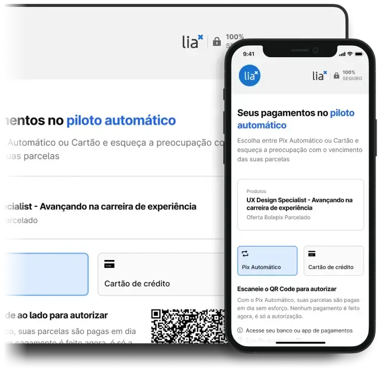 Mockups de notebook e celular exibindo a página de seleção de meio de pagamento da plataforma Lia