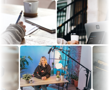 Mosaico de imagens representando a rotina de um produtor de conteúdo digital