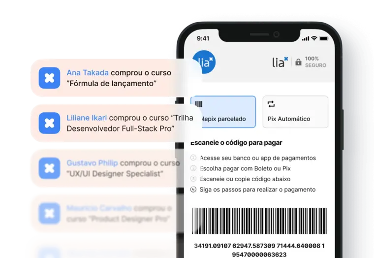 Imagem de um celular exibindo a plataforma da Lia na tela com opções de pagamento parcelado e pix automático, e também uma sequência de ilustrações de notificações indicando novas compras de clientes