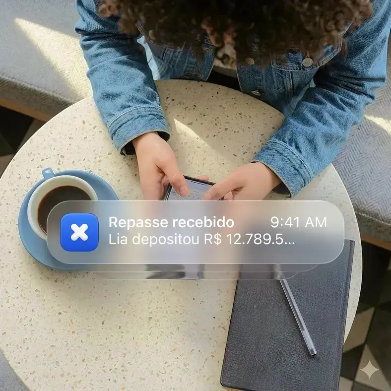 Imagem de uma pessoa utilizando seu celular e recebendo notificações de novos repasses financeiro da Lia